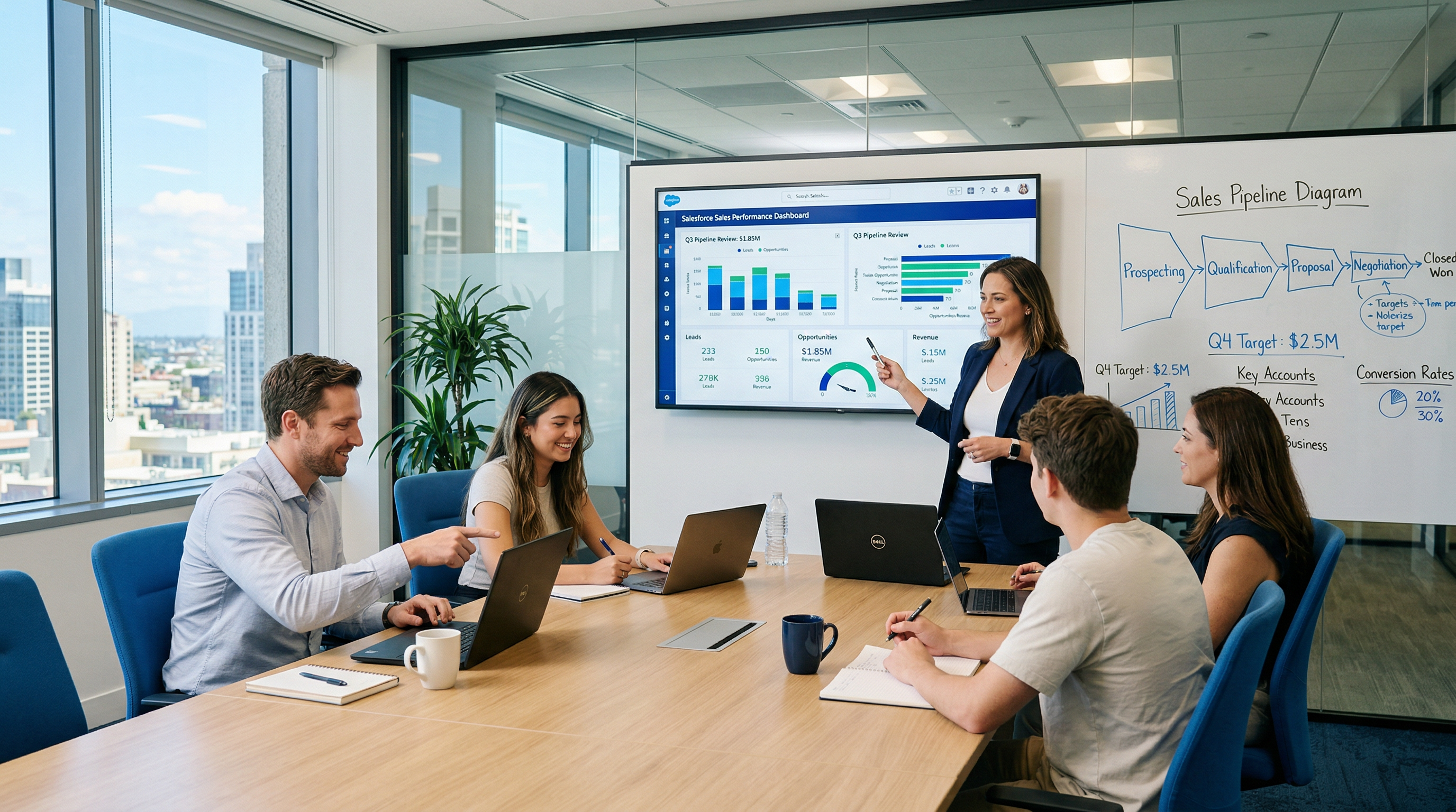Team reviewing Salesforce strategy in conference room